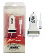 USB Автомобильное ЗУ AVS UC-443, 1 USB + кабель Type-C, 2,4А, 12 Вт